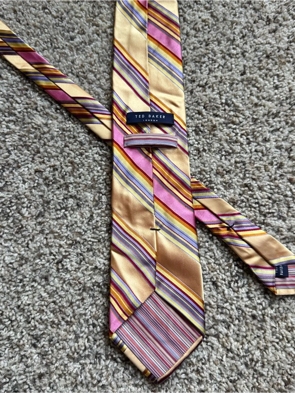 Ted Baker London Mens Tie Multicolor Striped Pink Gold Purple Necktie 100% Silk